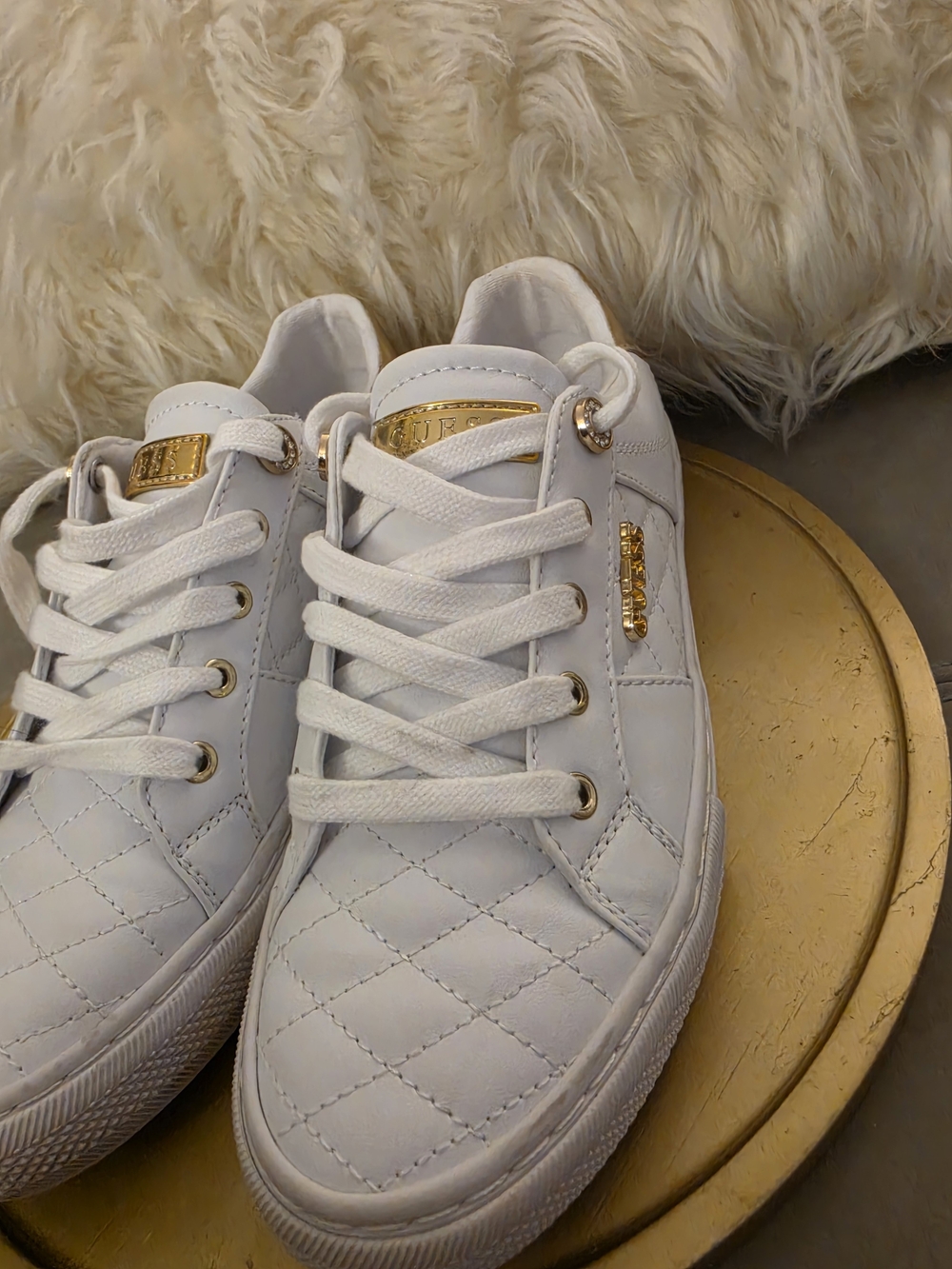 GUESS White Quilted Lace-Up Sneakers with Gold Accents - Picture 4 of 8